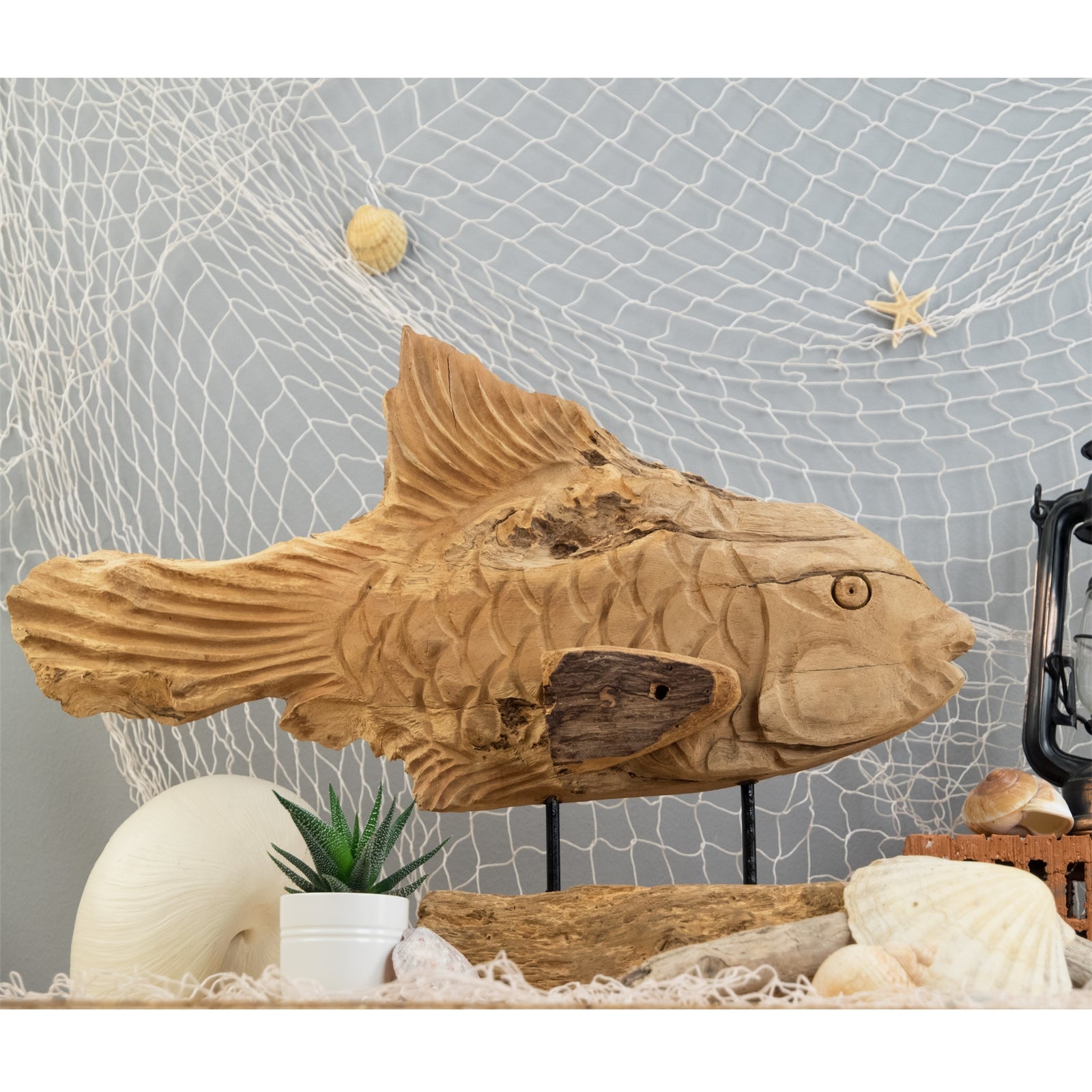 GESCHNITZTE FISCH FIGUR "ATLANTIS" | Teakholz | Maritime Skulptur