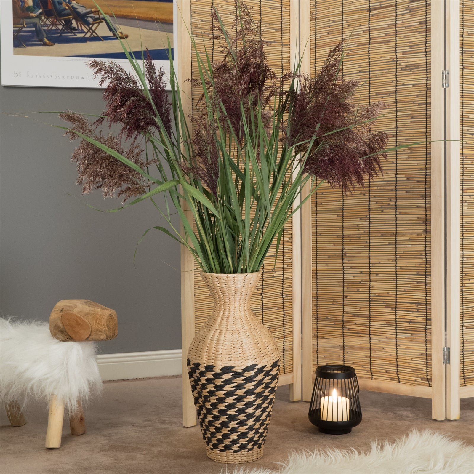 STROH VASE "CUADRO" | Natur, Schwarz, 42 cm | Deko Boden Vase