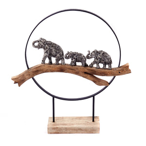 SKULPTUR "ELEPHANTS IN RING" | Mangoholz | Deko Aufsteller Elefanten