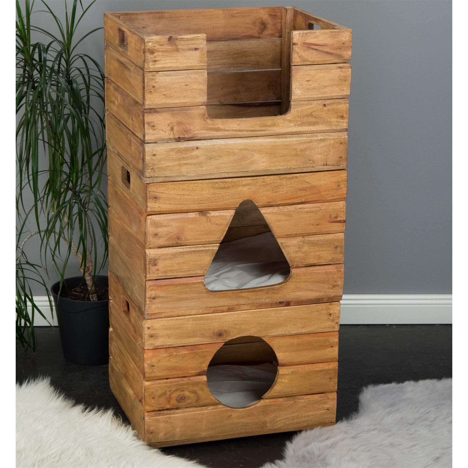 KATZENHAUS "KITTY" | Holz, 3-teilig | Katzenhütte mit Kissen