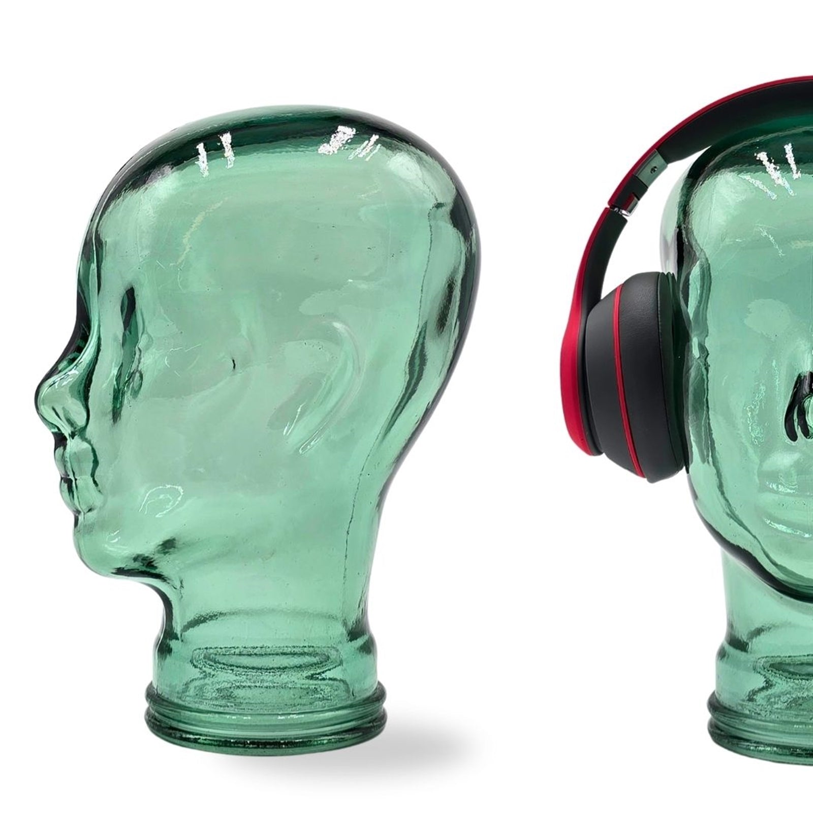 Glas KOPFHÖRERSTÄNDER transparent + satin | 29cm Glaskopf Skulptur