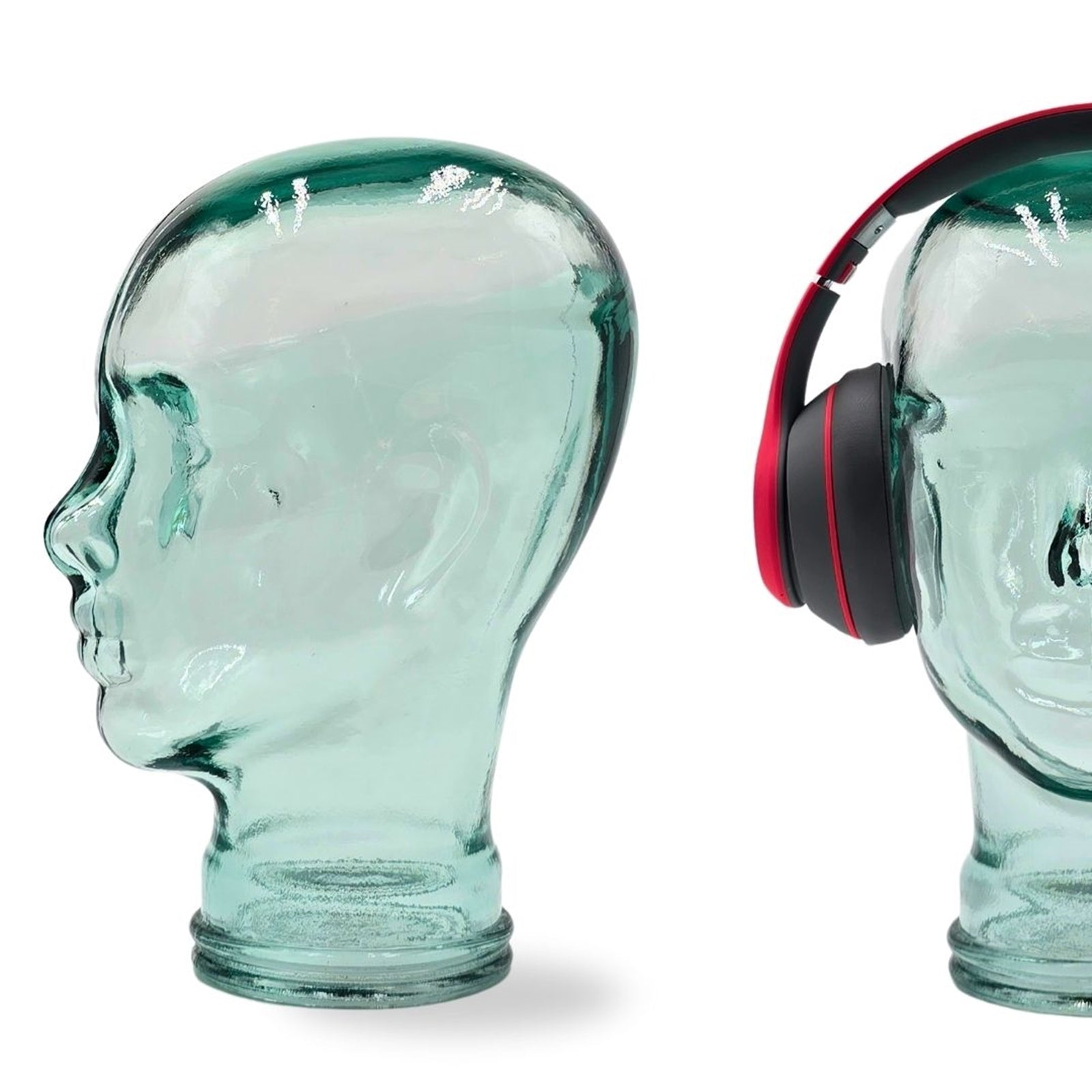 Glas KOPFHÖRERSTÄNDER transparent + satin | 29cm Glaskopf Skulptur