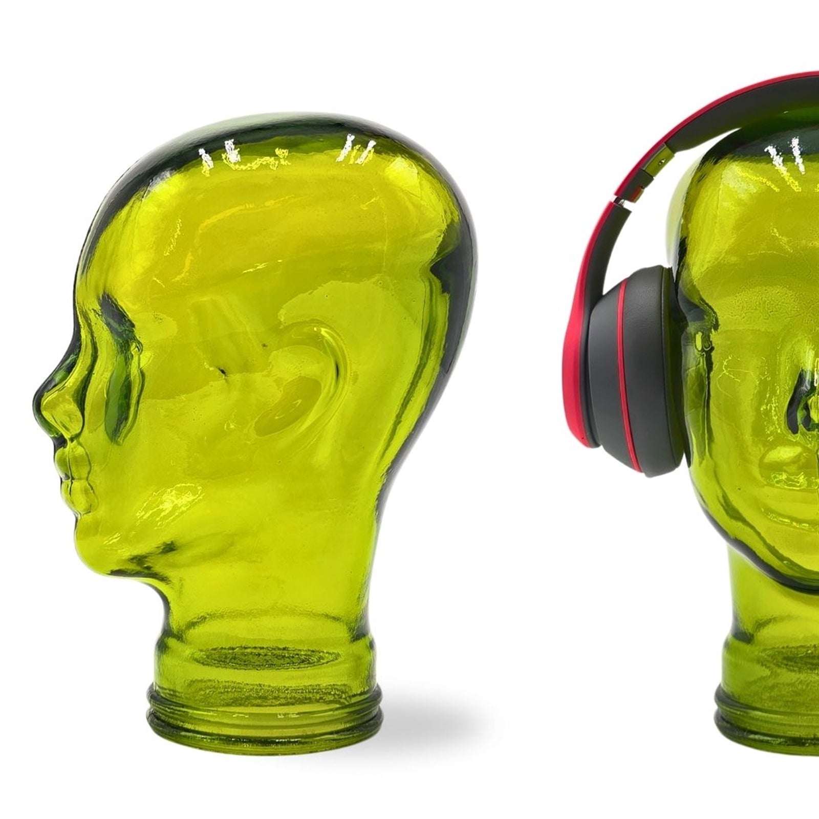 Glas KOPFHÖRERSTÄNDER transparent + satin | 29cm Glaskopf Skulptur