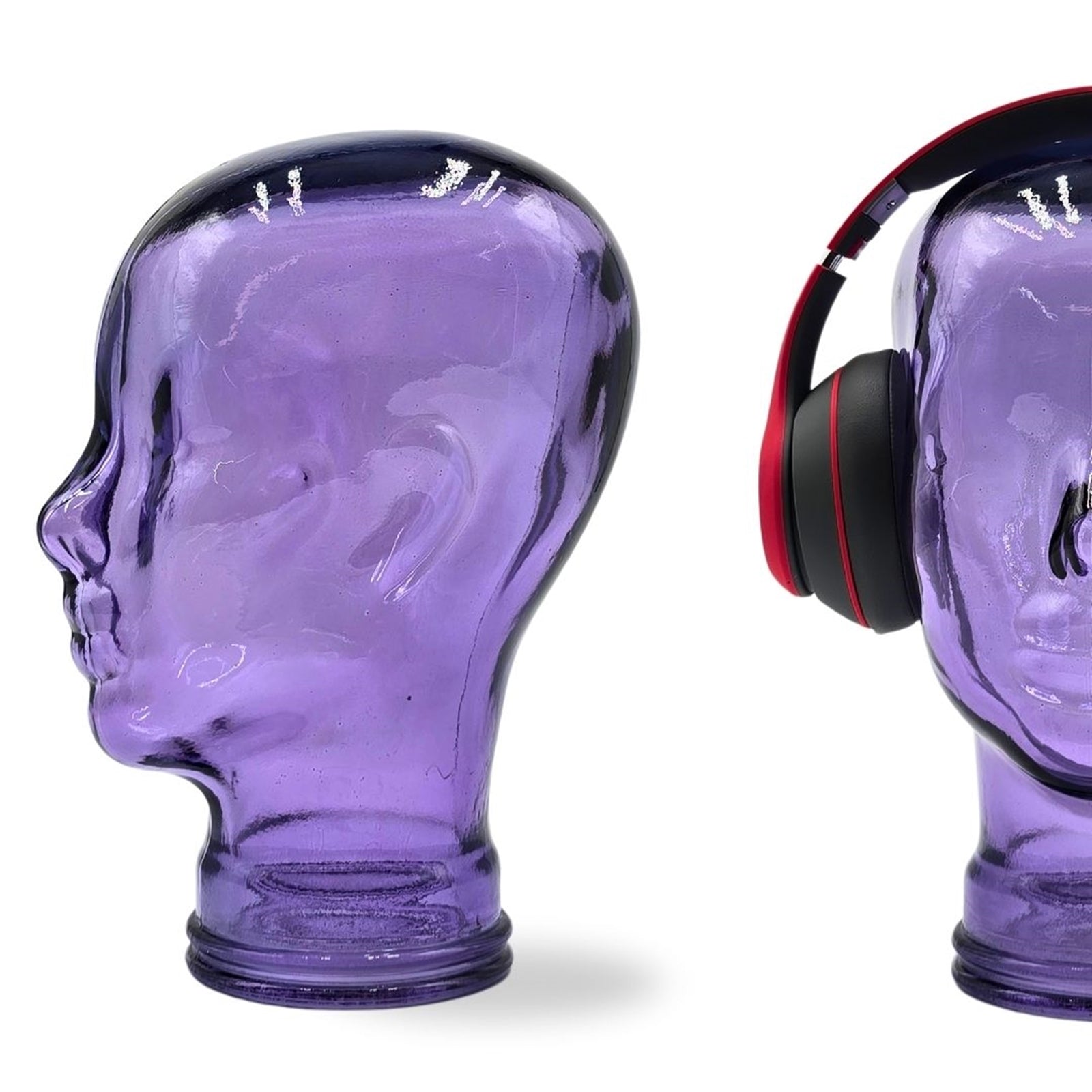 Glas KOPFHÖRERSTÄNDER transparent + satin | 29cm Glaskopf Skulptur