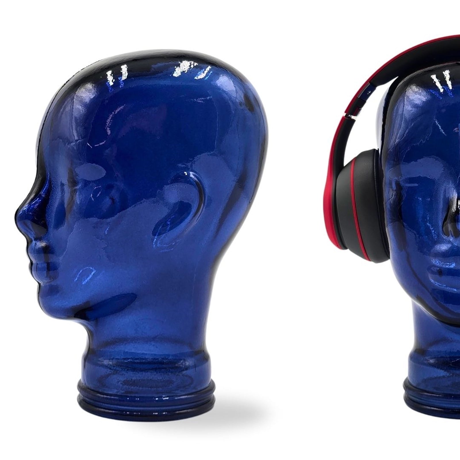 Glas KOPFHÖRERSTÄNDER transparent + satin | 29cm Glaskopf Skulptur