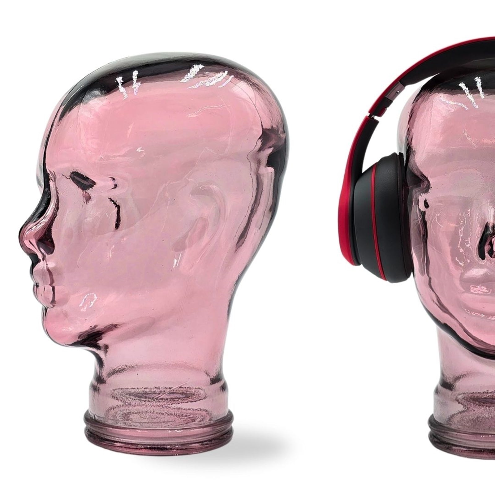 Glas KOPFHÖRERSTÄNDER transparent + satin | 29cm Glaskopf Skulptur