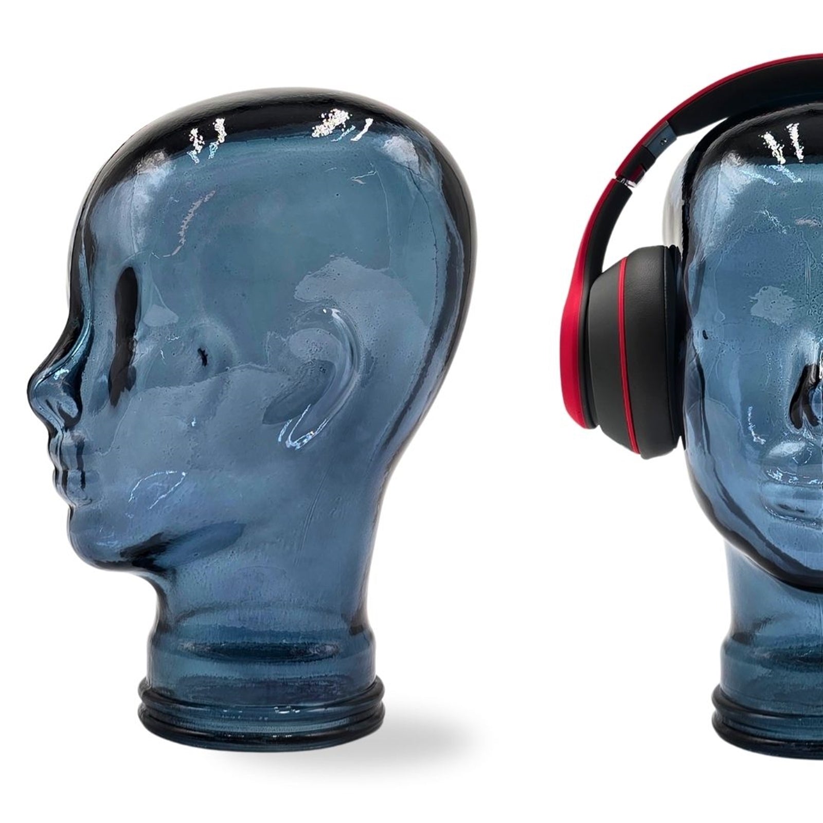 Glas KOPFHÖRERSTÄNDER transparent + satin | 29cm Glaskopf Skulptur