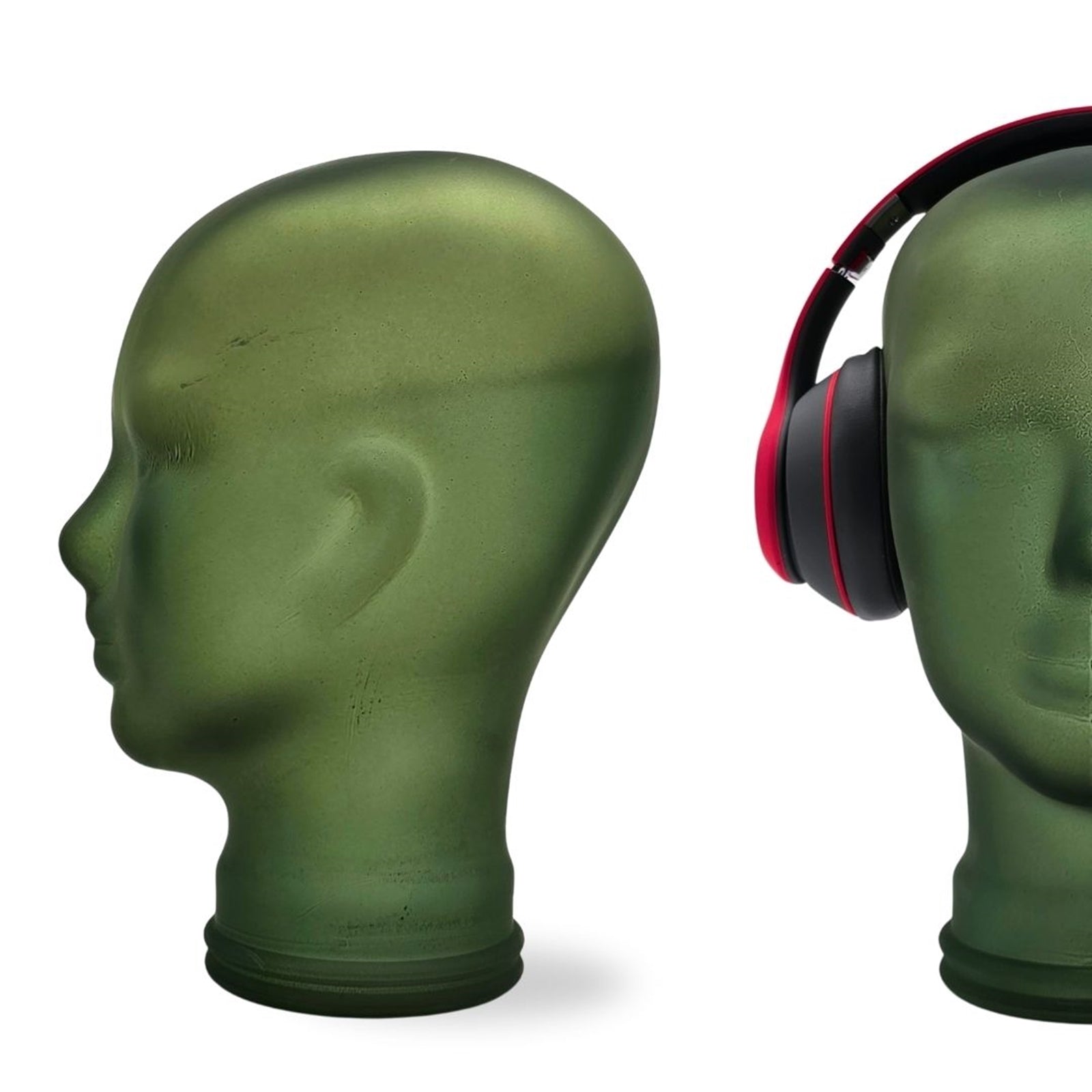 Glas KOPFHÖRERSTÄNDER transparent + satin | 29cm Glaskopf Skulptur