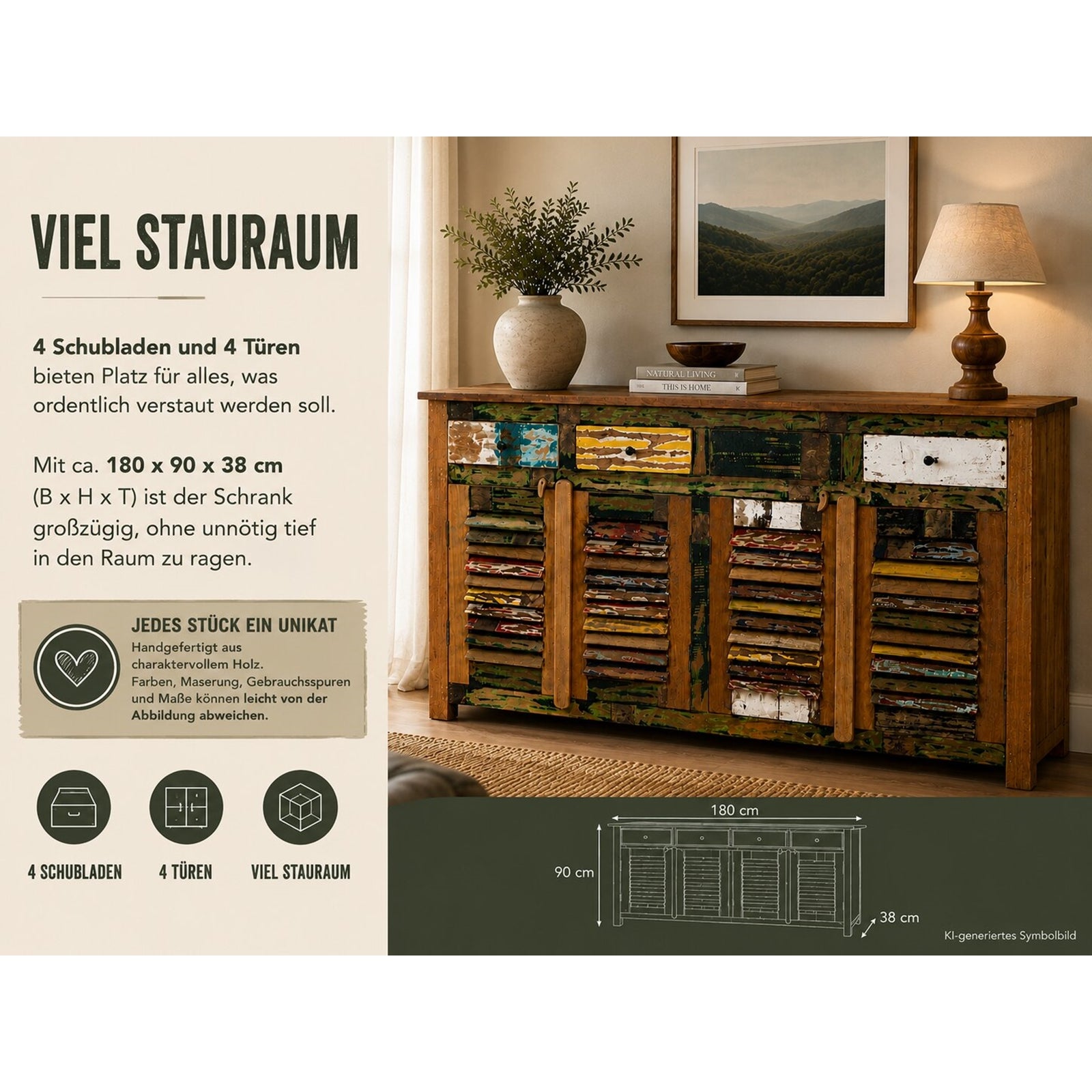 SIDEBOARD "RIO" | 180 cm, Bunt | Kommode mit 4 Türen & Schubladen