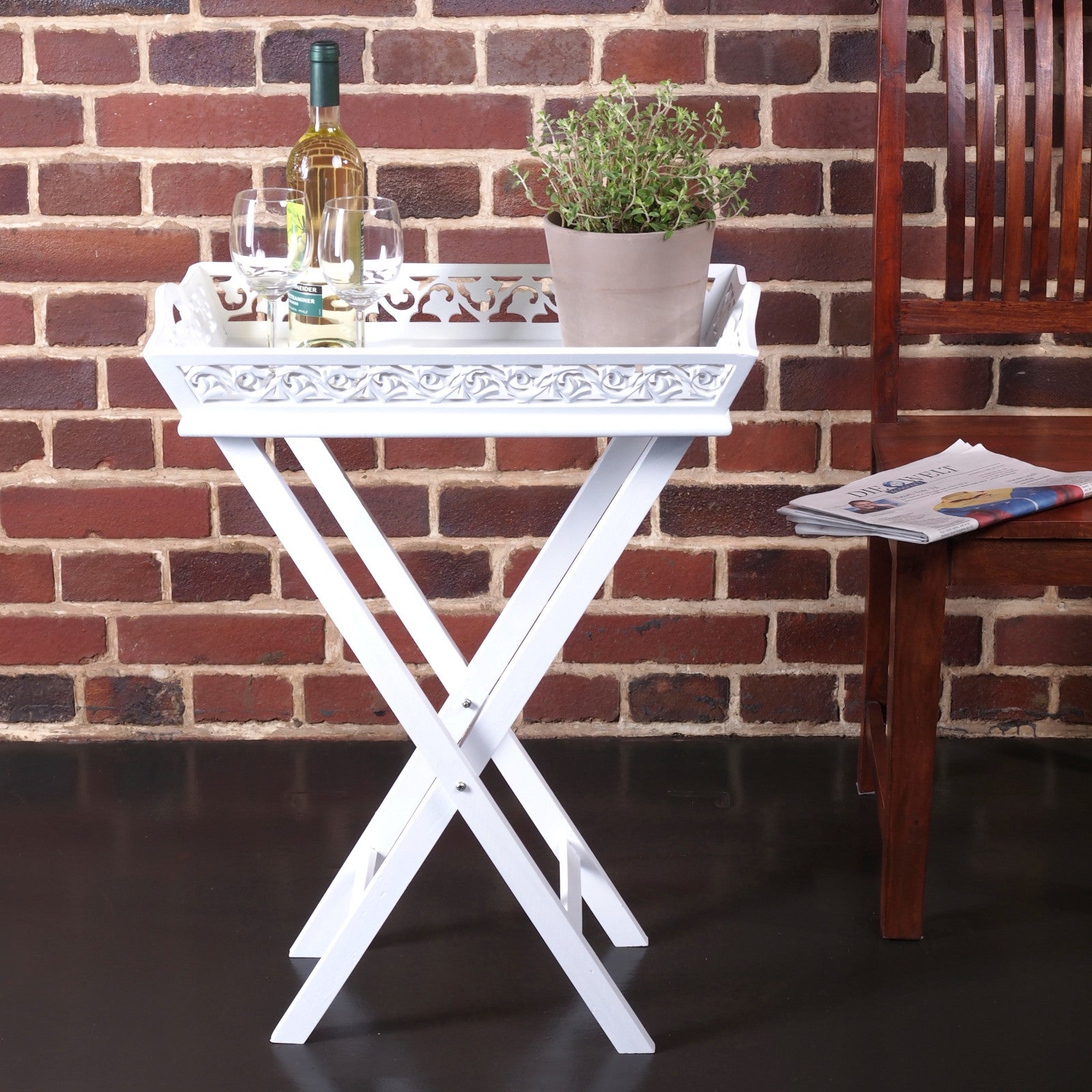 SERVIERTISCH LANDHAUS | Holz Tablet abnehmbar, weiss gekälkt Used-Look