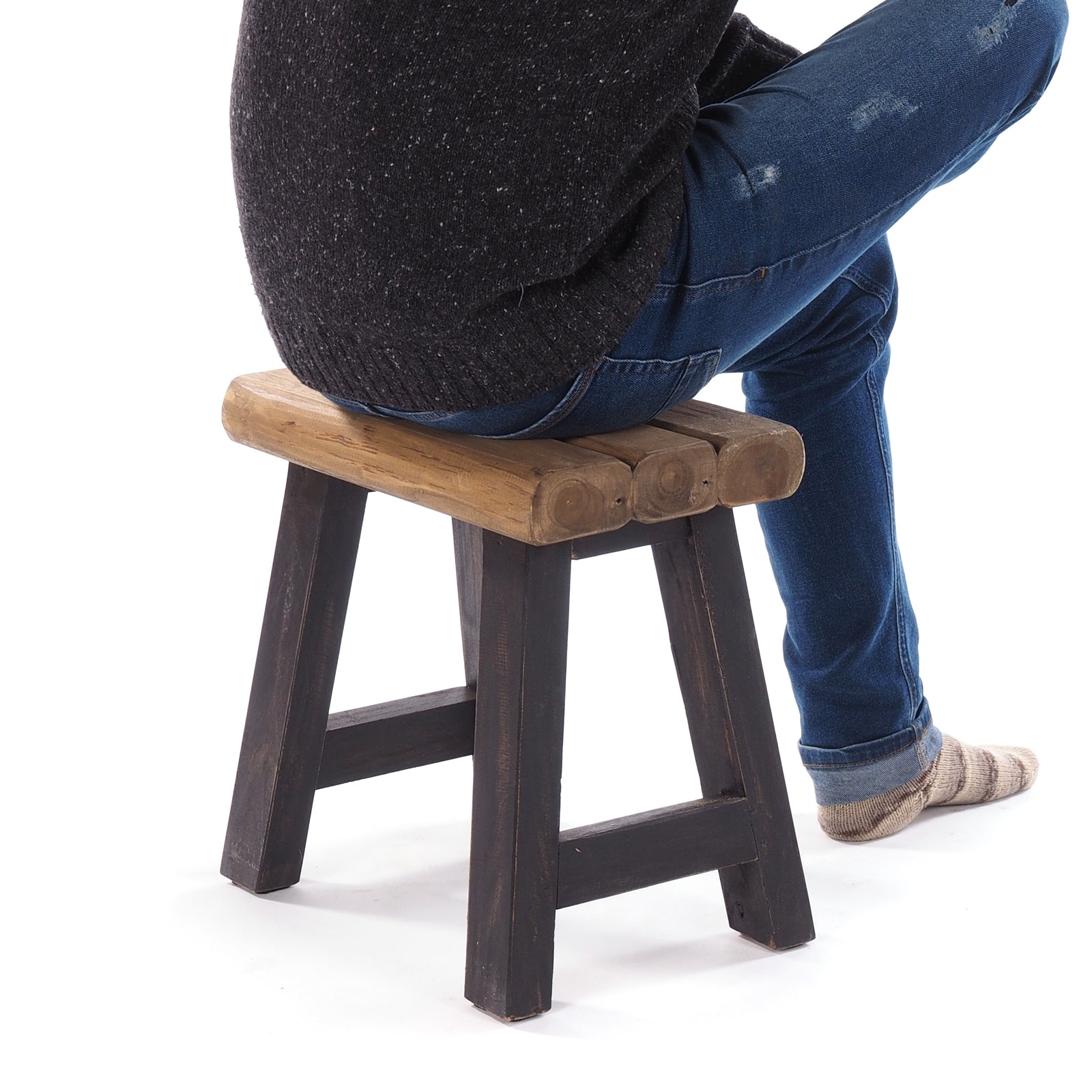 SITZHOCKER "RUSTIC" | 41x42x24cm (HxBxT), Teak | Holzhocker