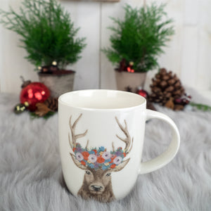 TASSE "HIRSCH MIT BLUMENKRANZ" | 12 cm, weiß | Kaffeetasse