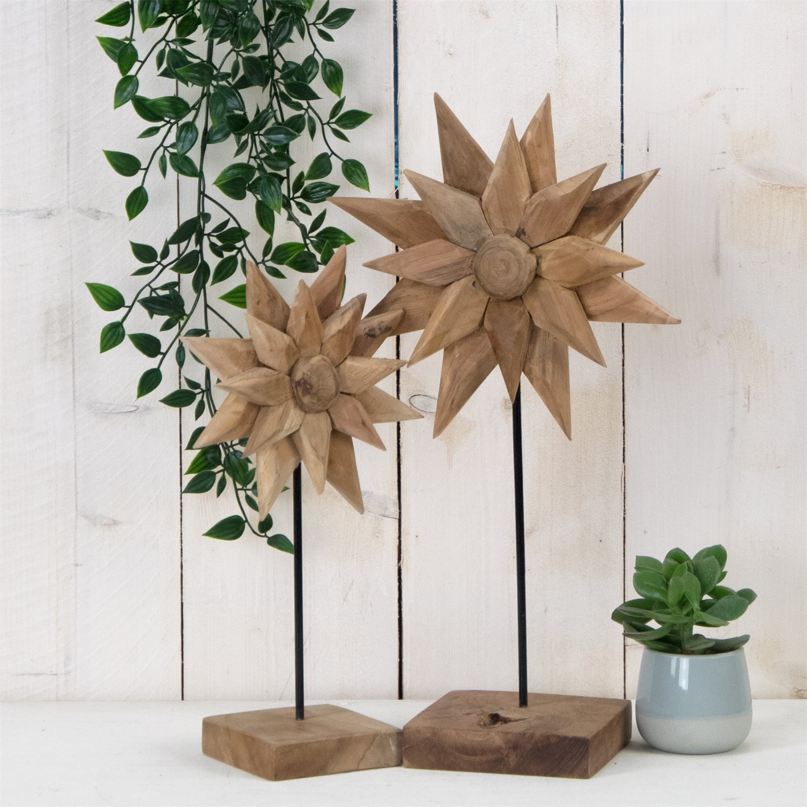 TEAK SKULPTUR "SUNFLOWER" | 2-teilig | Holz Aufsteller Blume
