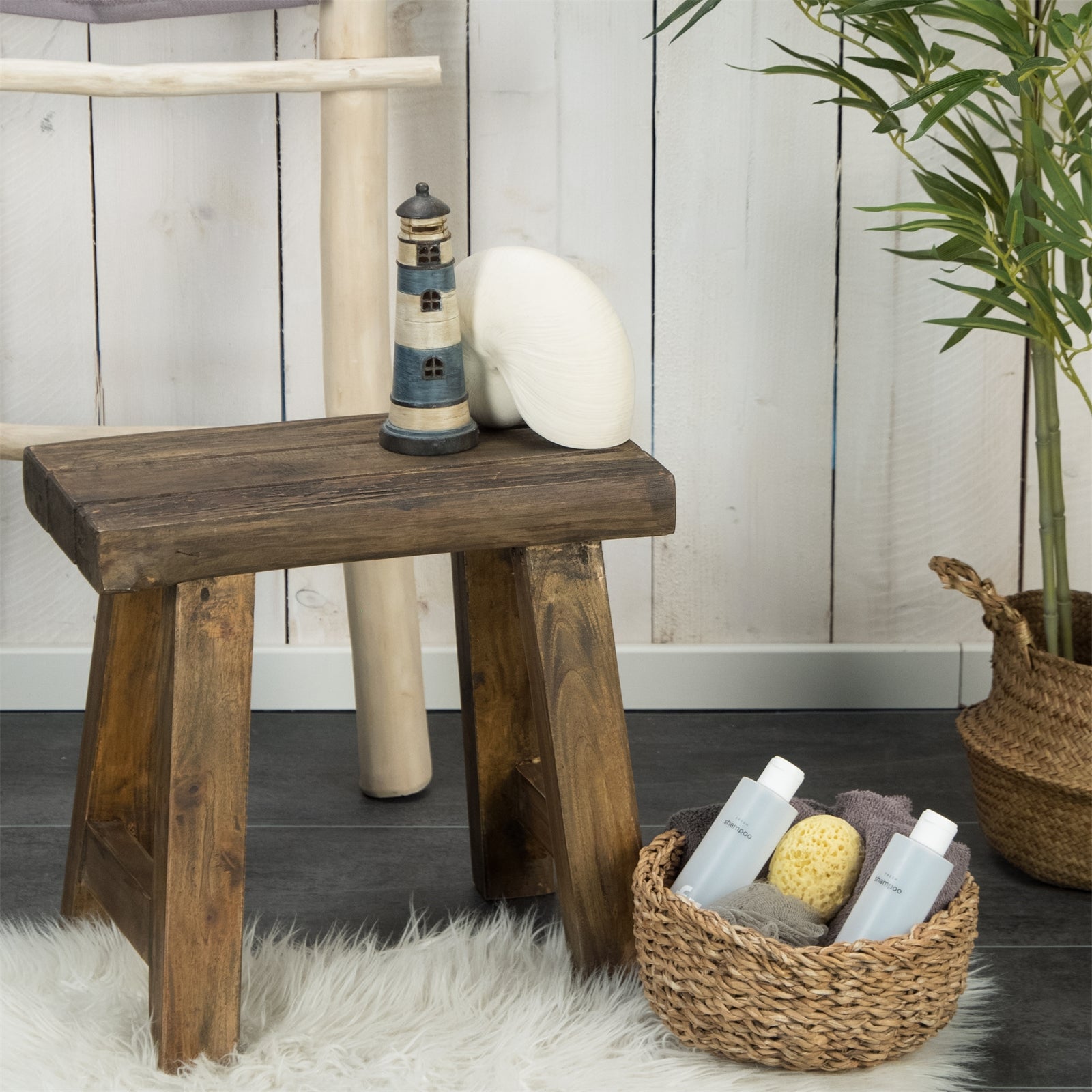 SITZHOCKER "RUSTIC" | 41 cm, Braun, Teak | Holz Hocker