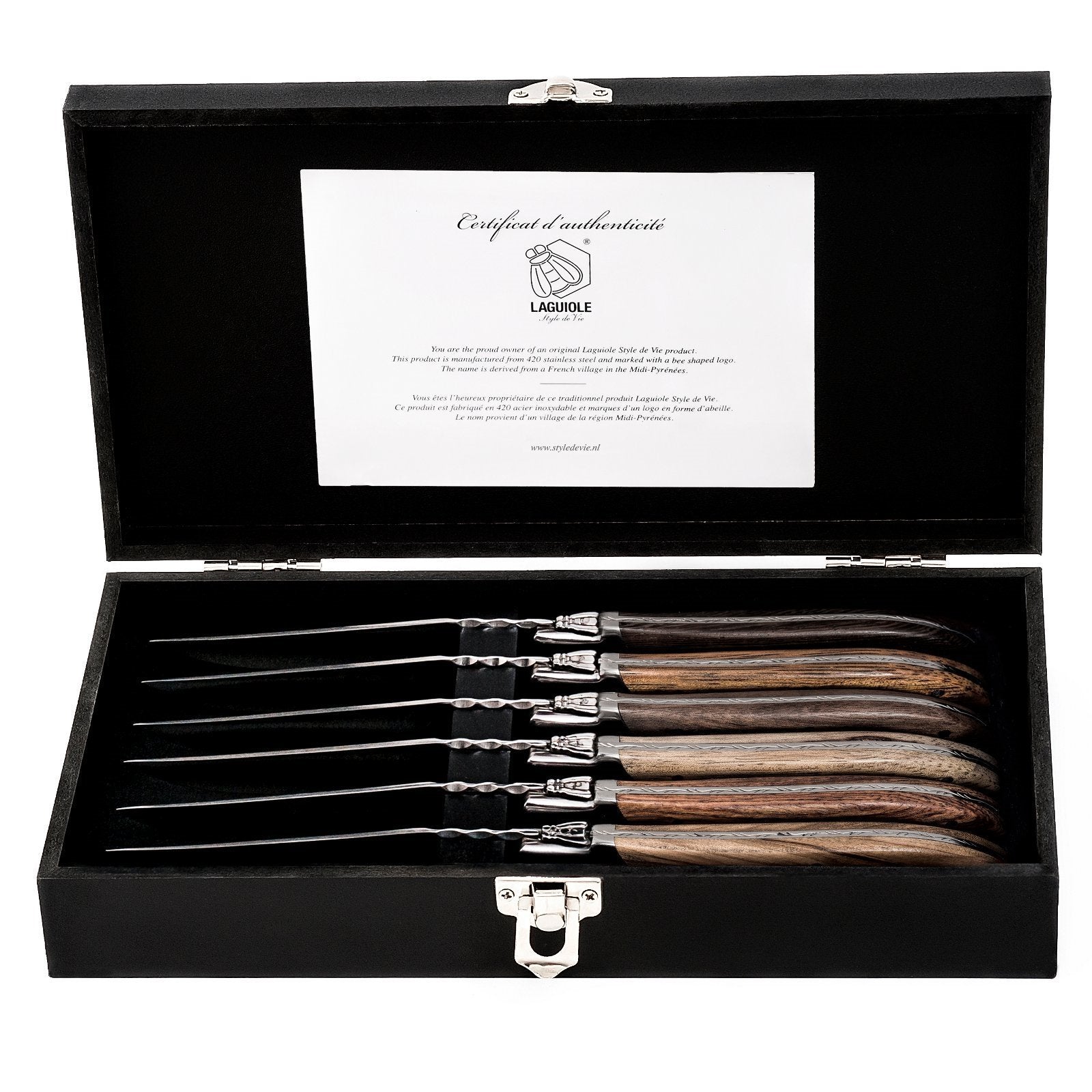 LAGUIOLE STEAKMESSER "MISCHHOLZ" | 6 Holzarten | 6 Messer im Etui - DESIGN DELIGHTS